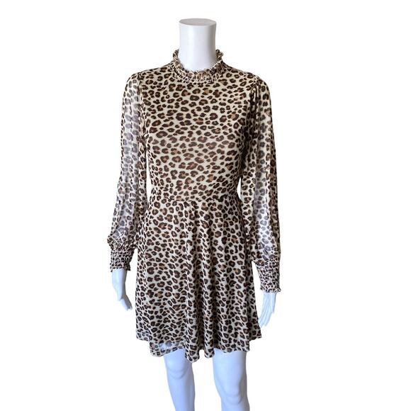 Mikey & Joey Leopard Print High Neck Sheer Sleeve Mini Dress Small - Picture 5 of 11